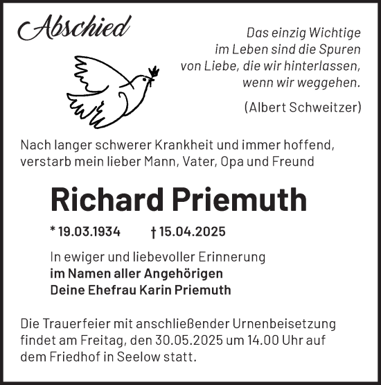 Traueranzeige von Richard Priemuth von Märkische Oderzeitung