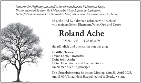 Traueranzeige von Roland Ache von Märkische Oderzeitung