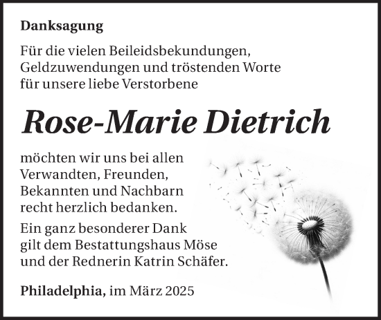 Traueranzeige von Rose-Marie Dietrich von Märkische Oderzeitung