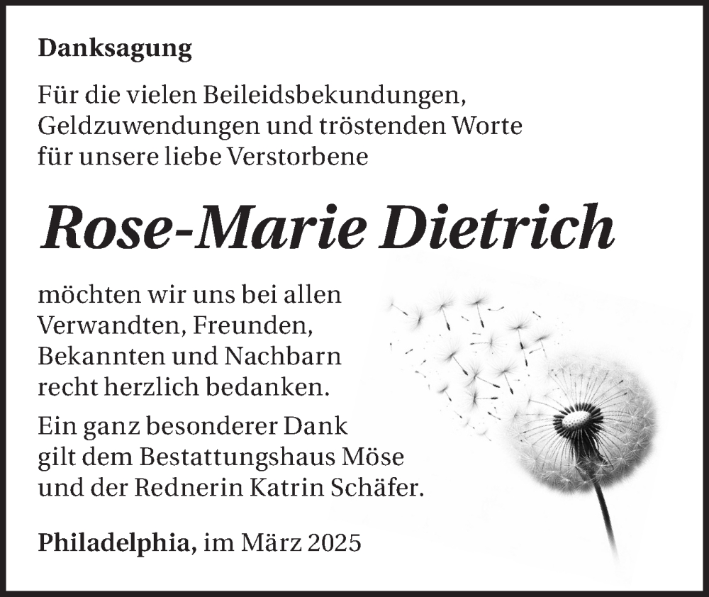  Traueranzeige für Rose-Marie Dietrich vom 05.04.2025 aus Märkische Oderzeitung