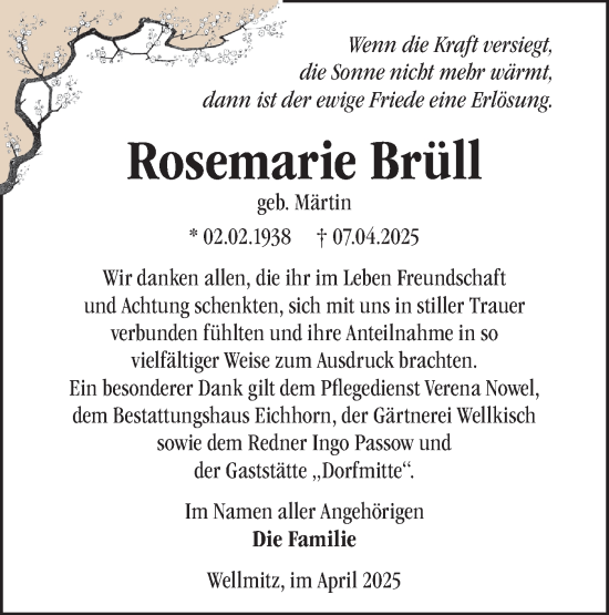Traueranzeige von Rosemarie Brüll von Märkische Oderzeitung
