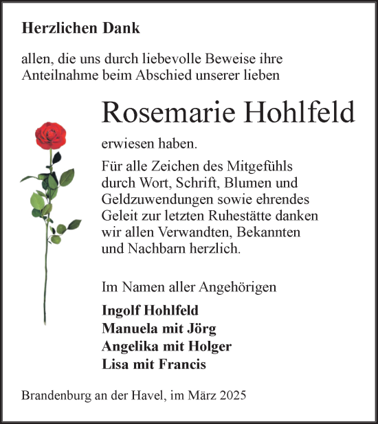 Traueranzeige von Rosemarie Hohlfeld von Märkische Oderzeitung