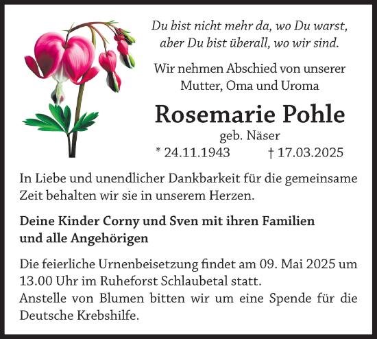 Traueranzeige von Rosemarie Pohle von Märkische Oderzeitung