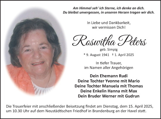 Traueranzeige von Roswitha Peter von Märkische Oderzeitung