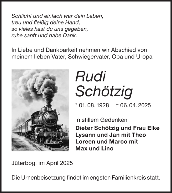 Traueranzeige von Rudi Schötzig von Märkische Oderzeitung