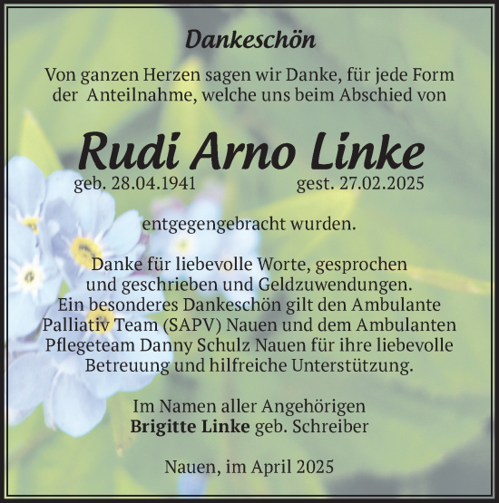 Traueranzeige von Rudi Arno Linke von Märkische Oderzeitung