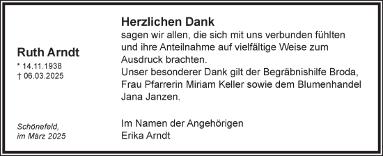 Traueranzeige von Ruth Arndt von Märkische Oderzeitung