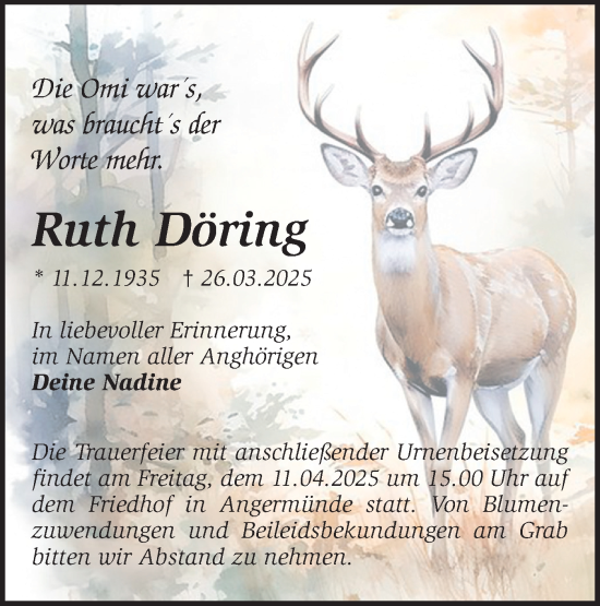 Traueranzeige von Ruth Döring von Märkische Oderzeitung