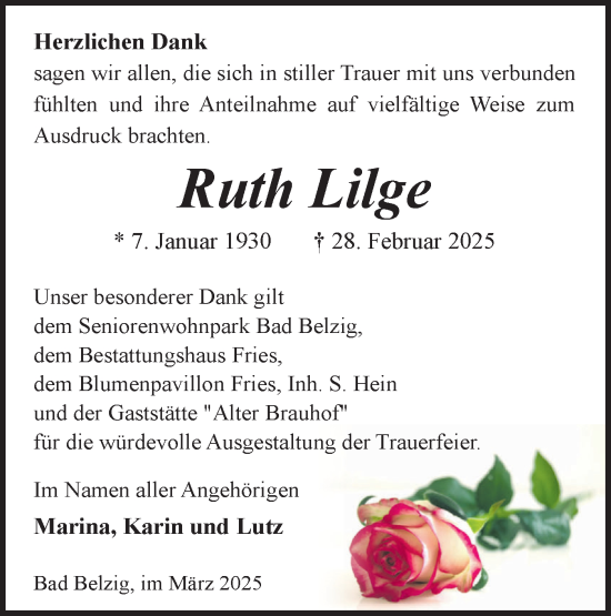 Traueranzeige von Ruth Lilge von Märkische Oderzeitung