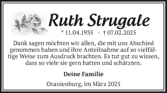 Traueranzeige von Ruth Strugale von Märkische Oderzeitung