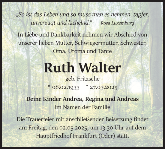 Traueranzeige von Ruth Walter von Märkische Oderzeitung
