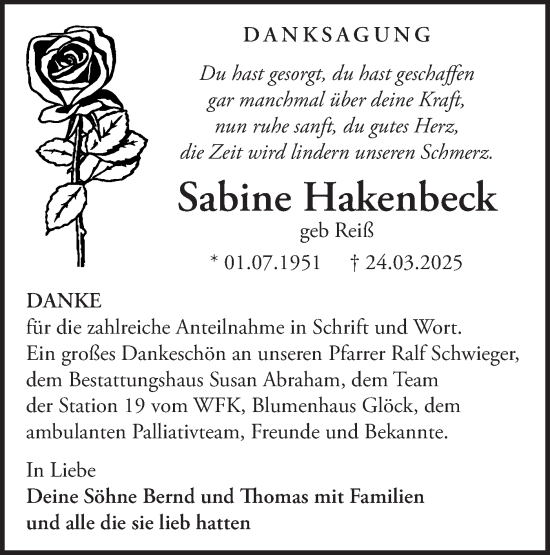 Traueranzeige von Sabine Hakenbeck von Märkische Oderzeitung