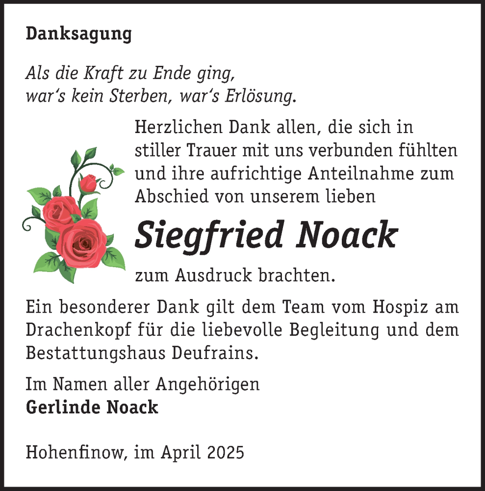  Traueranzeige für Siegfried Noack vom 19.04.2025 aus Märkische Oderzeitung