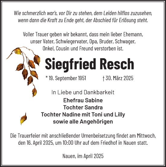 Traueranzeige von Siegfried Resch von Märkische Oderzeitung