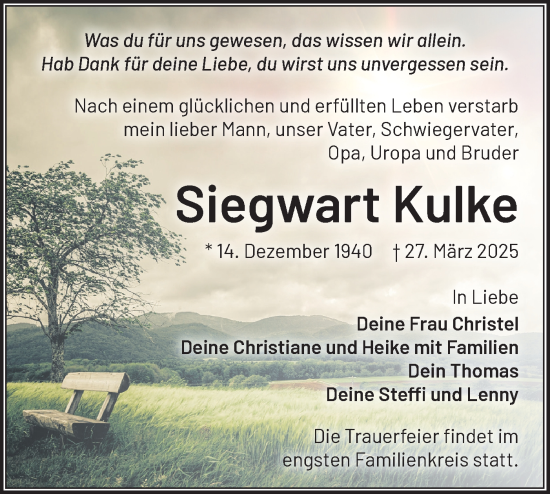 Traueranzeige von Siegwart Kulke von Märkische Oderzeitung