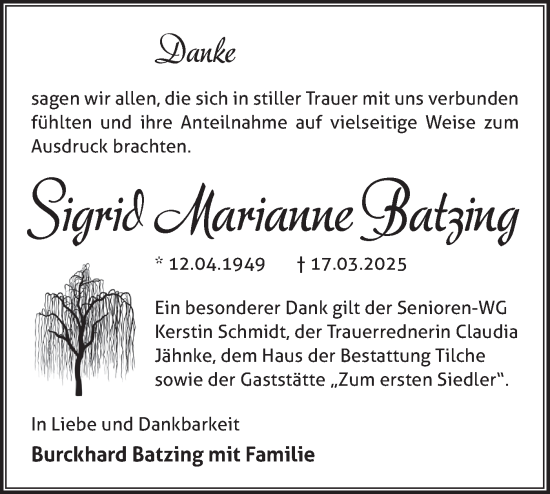 Traueranzeige von Sigrid Marianne Batzing von Märkische Oderzeitung
