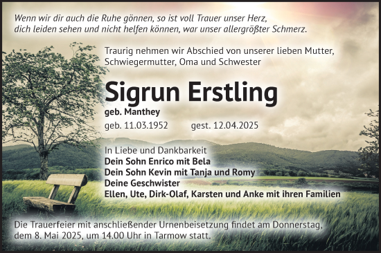 Traueranzeige von Sigrun Erstling von Märkische Oderzeitung