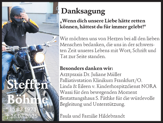 Traueranzeige von Steffen Böhme von Märkische Oderzeitung