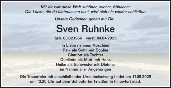 Traueranzeige von Sven Ruhnke von Märkische Oderzeitung