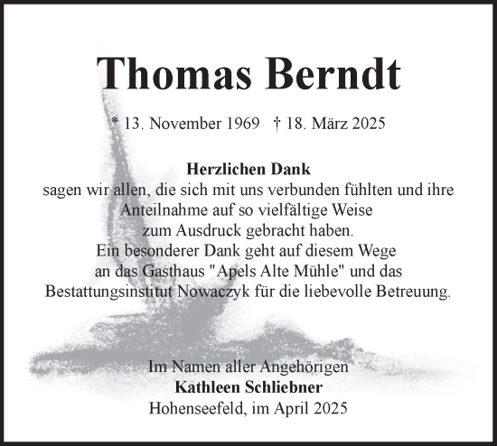 Traueranzeige von Thomas Berndt von Märkische Oderzeitung