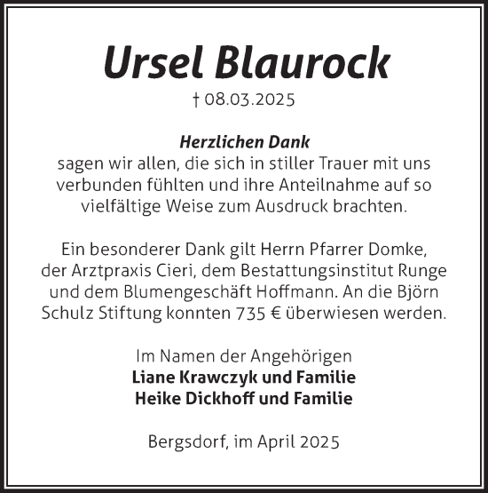 Traueranzeige von Ursel Blaurock von Märkische Oderzeitung