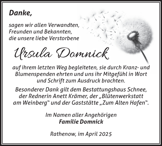 Traueranzeige von Ursula Domnick von Märkische Oderzeitung
