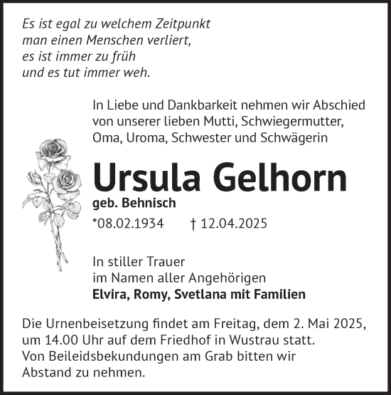 Traueranzeige von Ursula Gelhorn von Märkische Oderzeitung