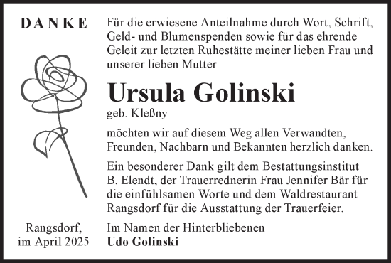 Traueranzeige von Ursula Golinski von Märkische Oderzeitung