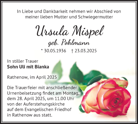 Traueranzeige von Ursula Mispel von Märkische Oderzeitung