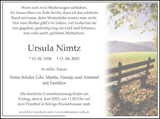 Traueranzeige von Ursula Nimtz von Märkische Oderzeitung