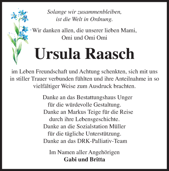 Traueranzeige von Ursula Raasch von Märkische Oderzeitung