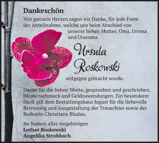 Traueranzeige von Ursula Roskowski von Märkische Oderzeitung