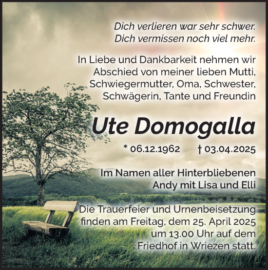 Traueranzeige von Ute Domogalla von Märkische Oderzeitung