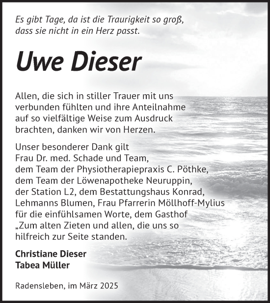 Traueranzeige von Uwe Dieser von Märkische Oderzeitung