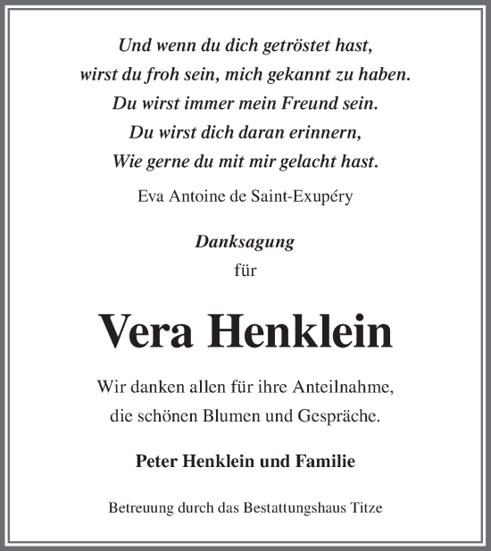Traueranzeige von Vera Henklein von Märkische Oderzeitung