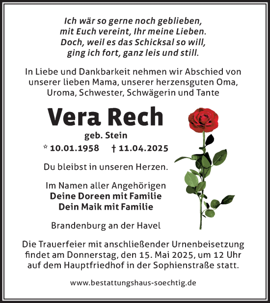 Traueranzeige von Vera Rech von Märkische Oderzeitung