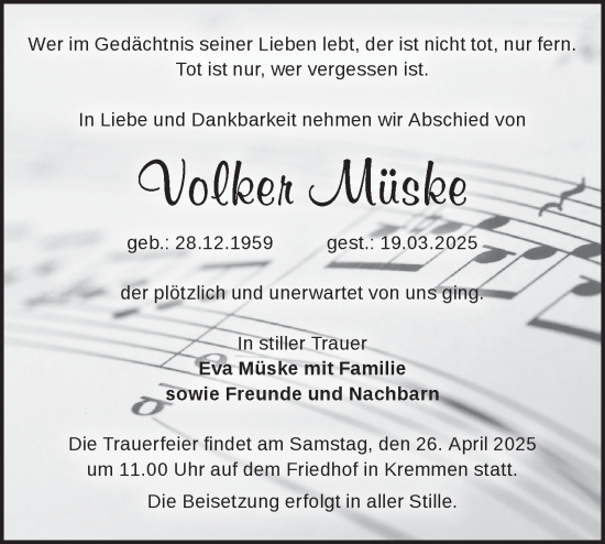 Traueranzeige von Volker Müske von Märkische Oderzeitung