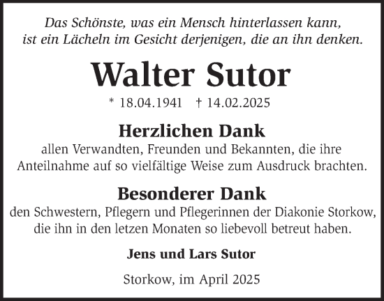 Traueranzeige von Walter Sutor von Märkische Oderzeitung