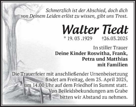 Traueranzeige von Walter Tiedt von Märkische Oderzeitung