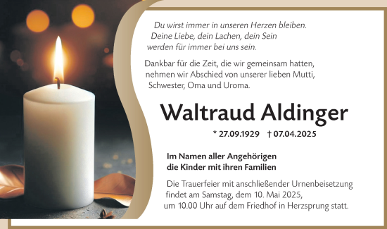 Traueranzeige von Waltraud Aldinger von Märkische Oderzeitung