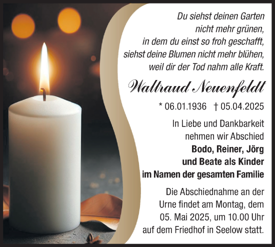 Traueranzeige von Waltraud Neuenfeldt von Märkische Oderzeitung