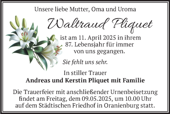 Traueranzeige von Waltraud Pliquet von Märkische Oderzeitung