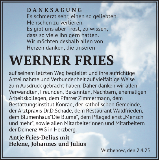 Traueranzeige von Werner Fries von Märkische Oderzeitung