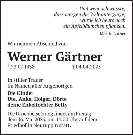 Traueranzeige von Werner Gärtner von Märkische Oderzeitung
