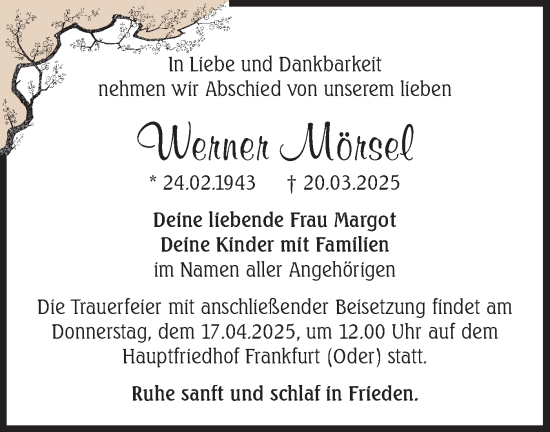 Traueranzeige von Werner Mörsel von Märkische Oderzeitung