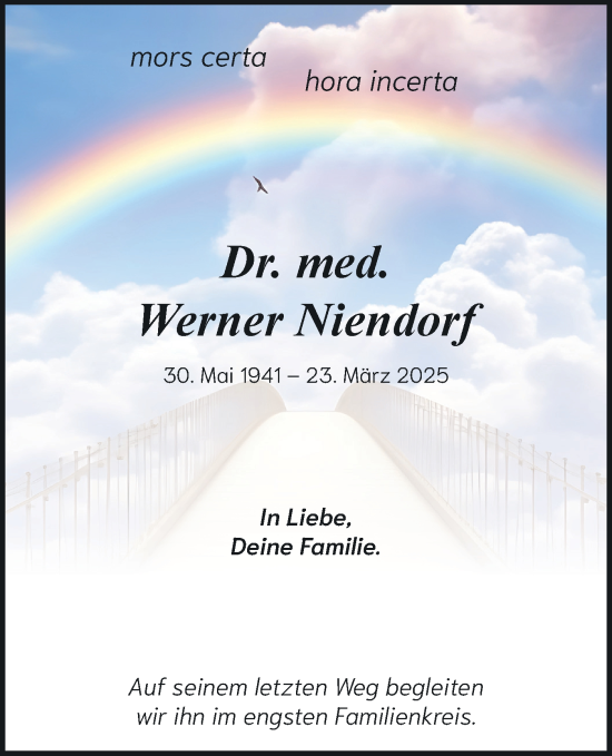 Traueranzeige von Werner Niendorf von Märkische Oderzeitung