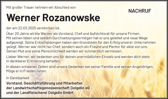 Traueranzeige von Werner Rozanowske von Märkische Oderzeitung