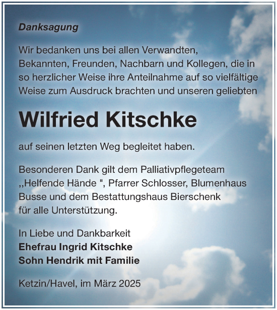 Traueranzeige von Wilfried Kitschke von Märkische Oderzeitung