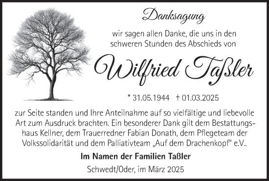 Traueranzeige von Wilfried Taßler von Märkische Oderzeitung