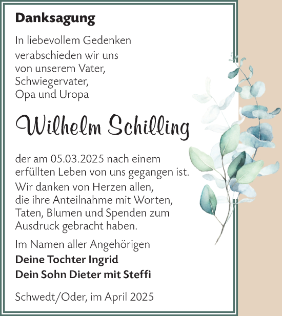 Traueranzeige von Wilhelm Schilling von Märkische Oderzeitung